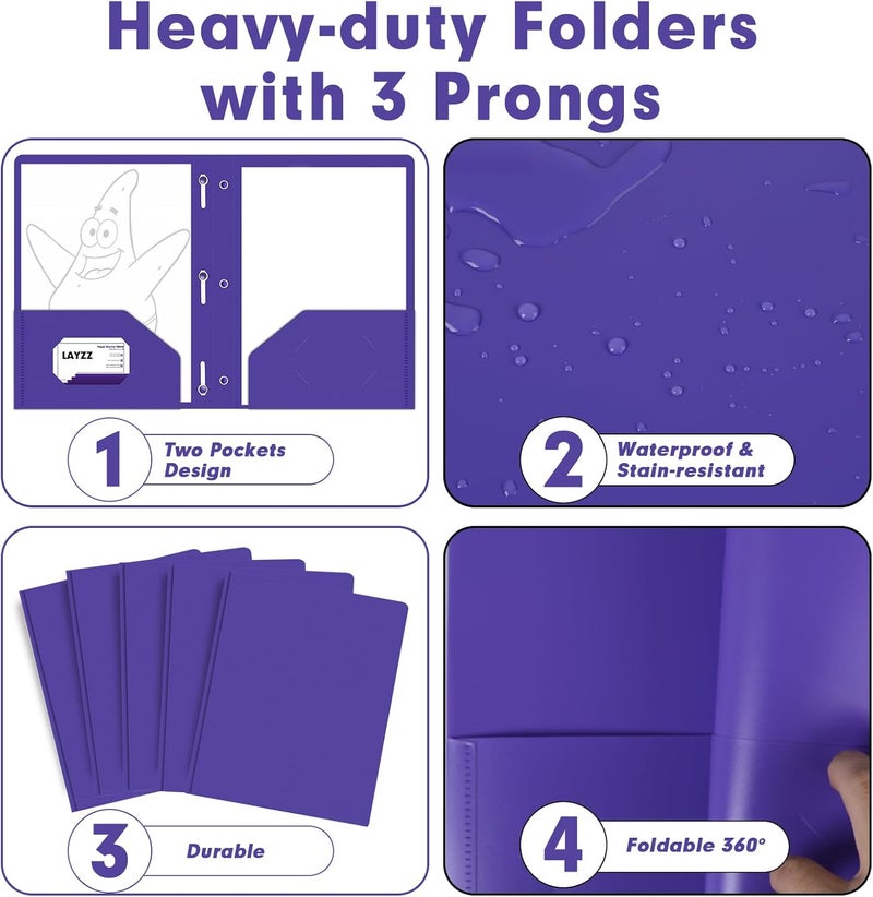 LAYZZ Plastic 2 Pocket Folders with Prongs, 30 Pack, Heavyweight, Letter Size Poly Folders with 3 Metal Prongs Fastener Clips (Purple) - Image 5